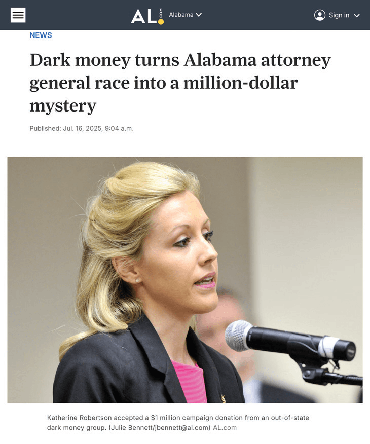 AL.com article: Dark money turns Alabama attorney general race into a million-dollar mystery